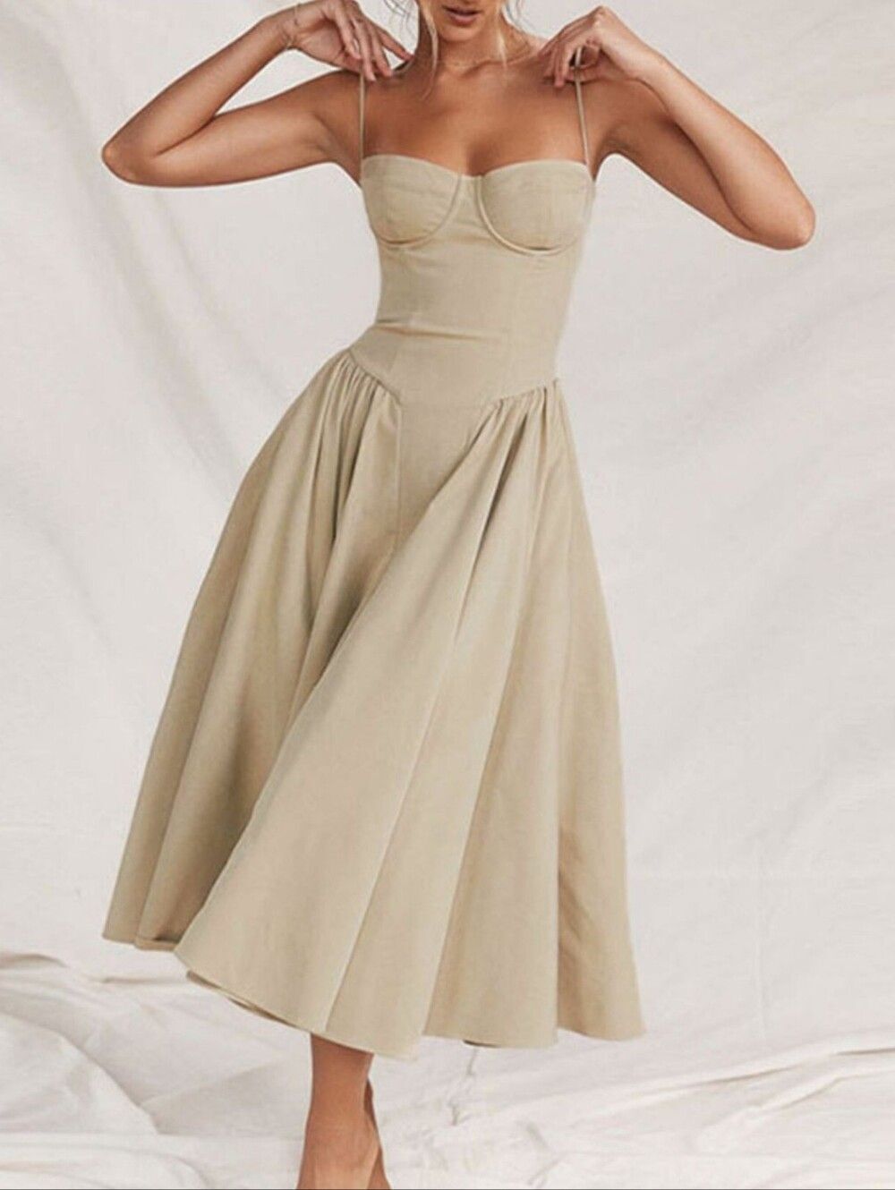 💥3/$180💥Flirty Corset Strapless Beige Tan Fit-and-Flare Midi Princess Dress